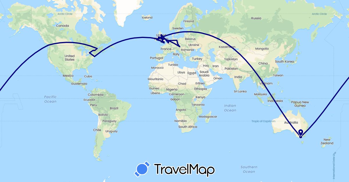 TravelMap itinerary: driving in Austria, Australia, Belgium, Canada, Czech Republic, Germany, United Kingdom, Ireland, Netherlands, United States (Europe, North America, Oceania)